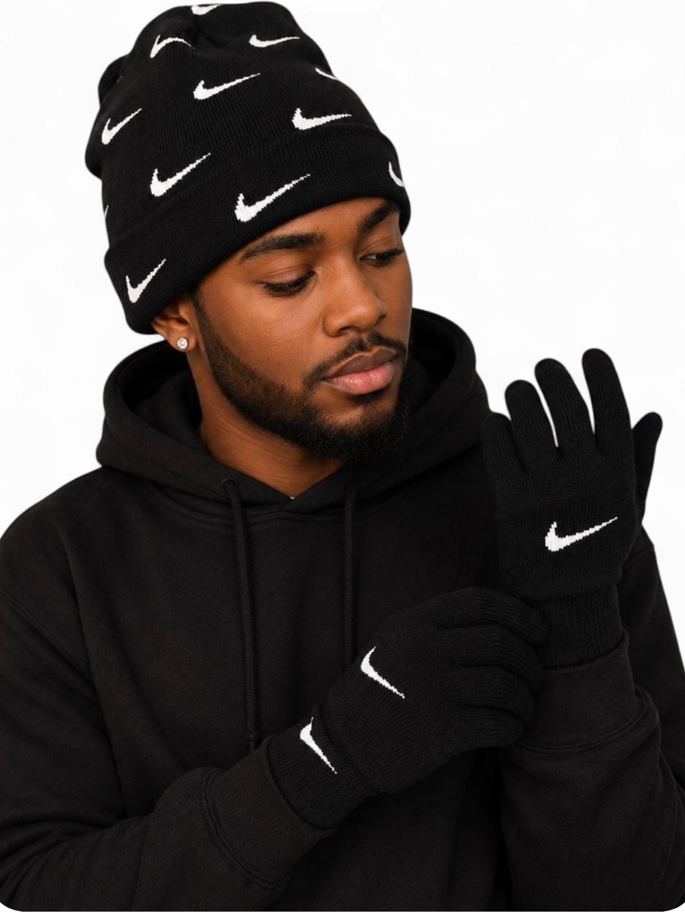 Nike Black Knit Gloves with White Swoosh - Men's